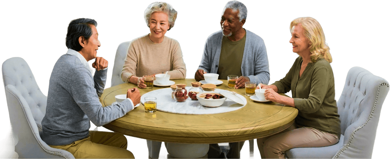Diverse Group of Elderly Friends Chatting over Tea Together at an Independent Living Community Diverse Group of Elderly Friends Chatting over Tea Together at an Independent Living Community
