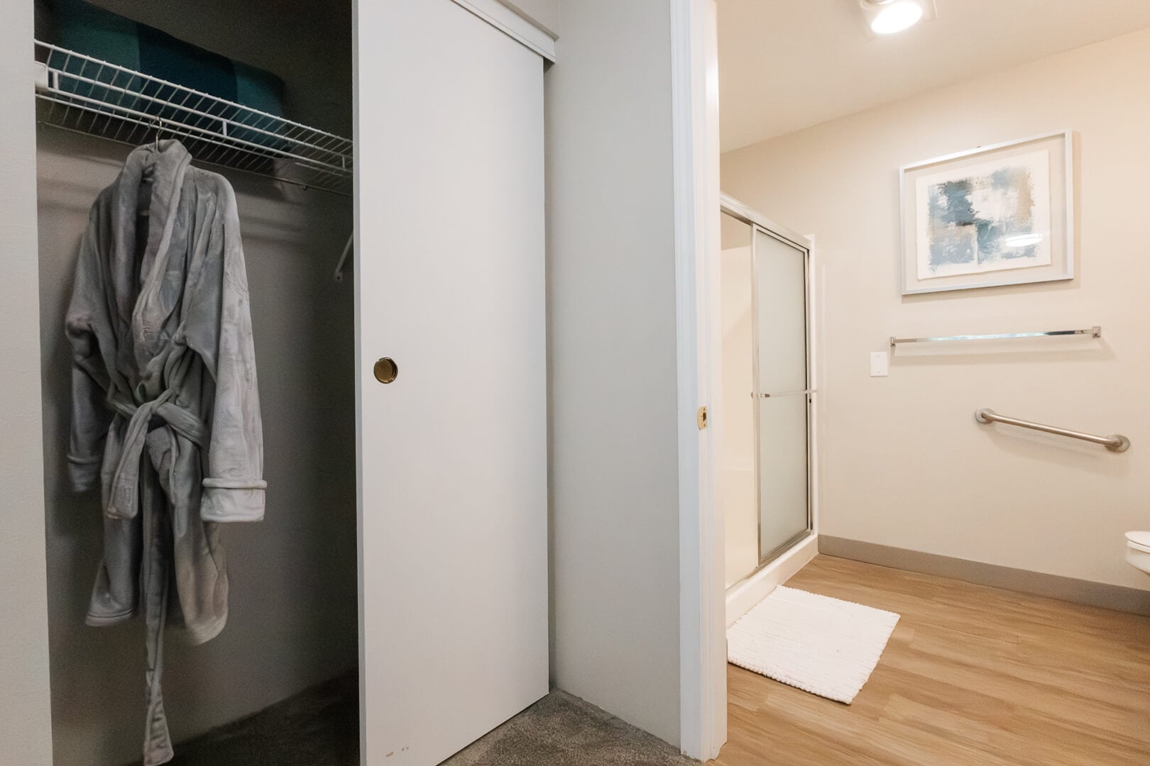Spacious Closet and Bathroom with Safety Grab Bars at an Independent Living Community