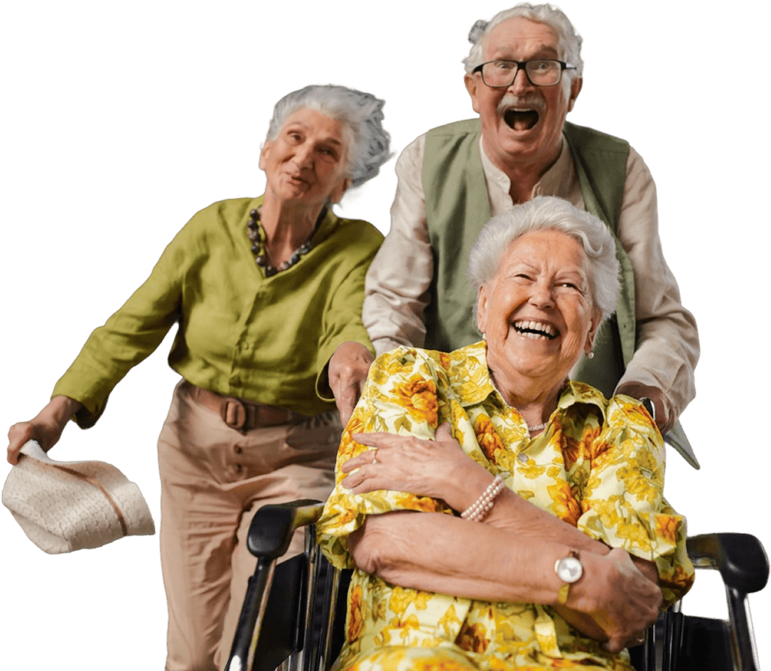 Three Joyful Elderly Friends Laughing Together with a Wheelchair at an Independent Living Community Three Joyful Elderly Friends Laughing Together with a Wheelchair at an Independent Living Community