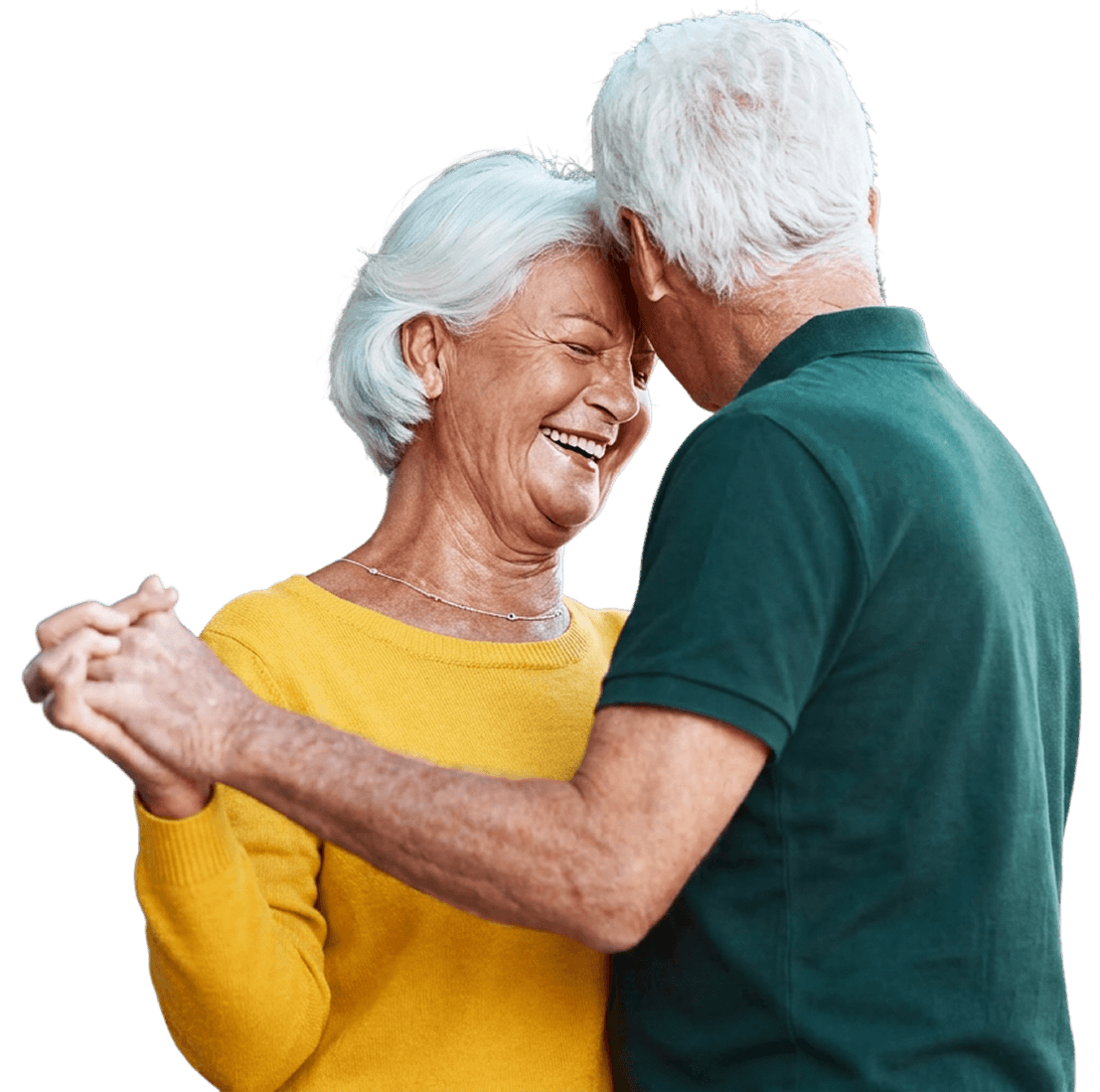 Happy Elderly Couple Dancing Closely and Holding Hands at an Independent Living Facility Happy Elderly Couple Dancing Closely and Holding Hands at an Independent Living Facility